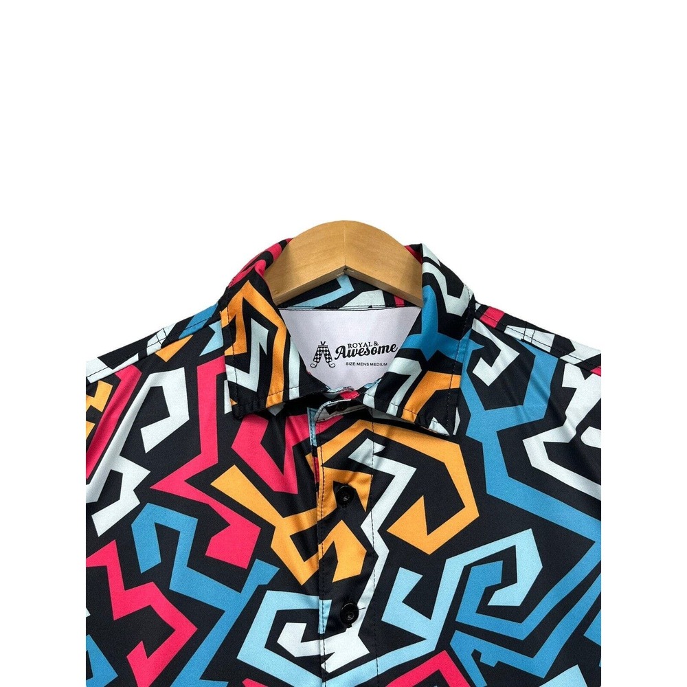 Royal & Awesome Mens Golf Polo Size Medium Stretch Funky Geometric Fun